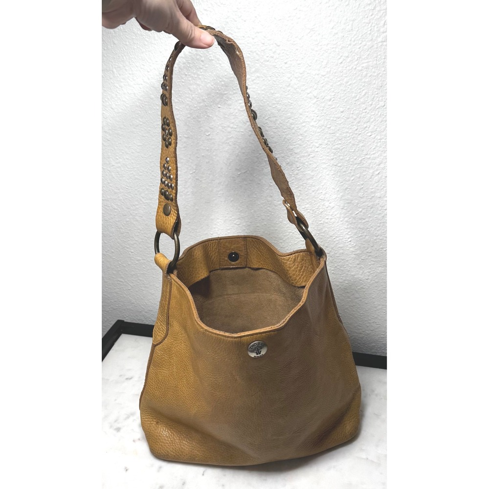 Two Bar West Tan Pebbled Leather Studded Crystal Strap Western Hobo Shoulder Bag